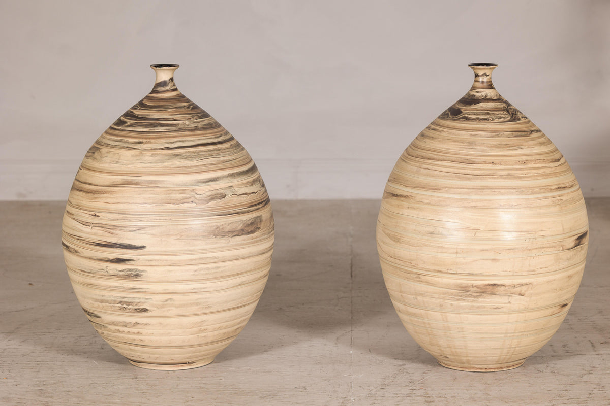 Large cream and brown glazed artisan ceramic floor vase, additional base detail