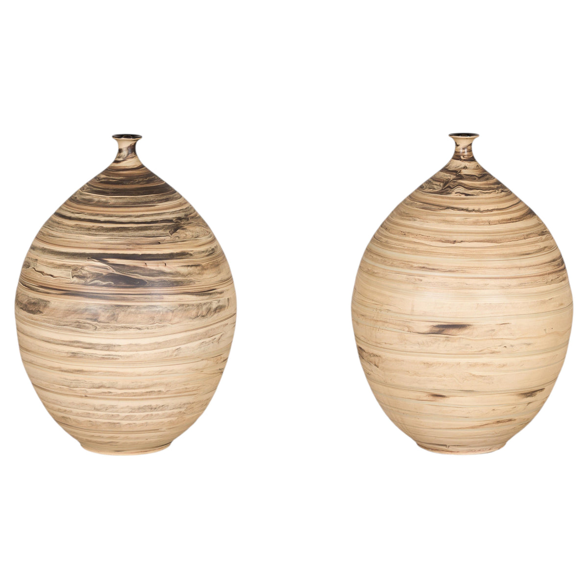 Large cream and brown glazed artisan ceramic floor vase, paired full view on a white background