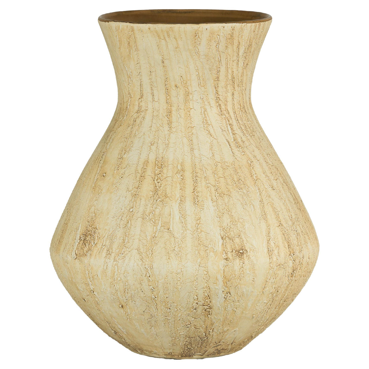 Beige handcrafted ceramic vase with textured drip glaze and flared neck.