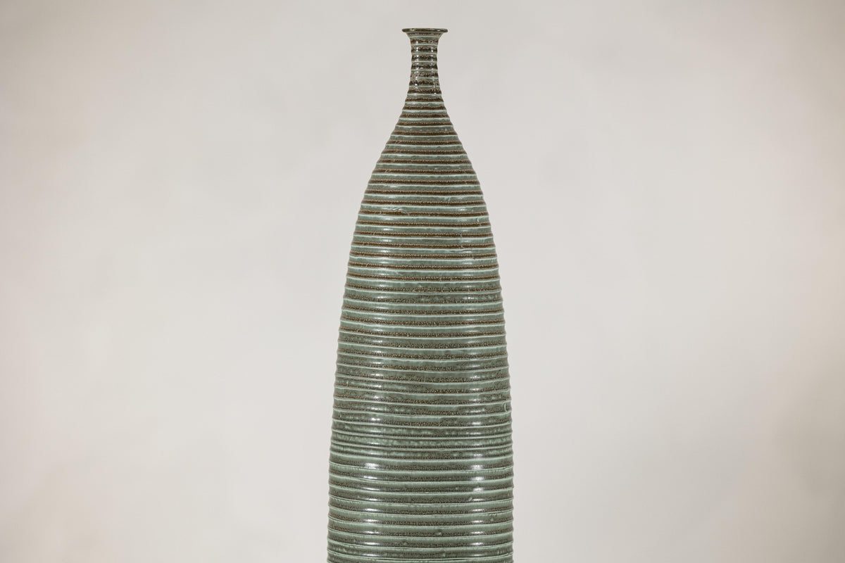 Tall Green-Glazed Artisan Ceramic Vase with Ribbed Body, construction detail