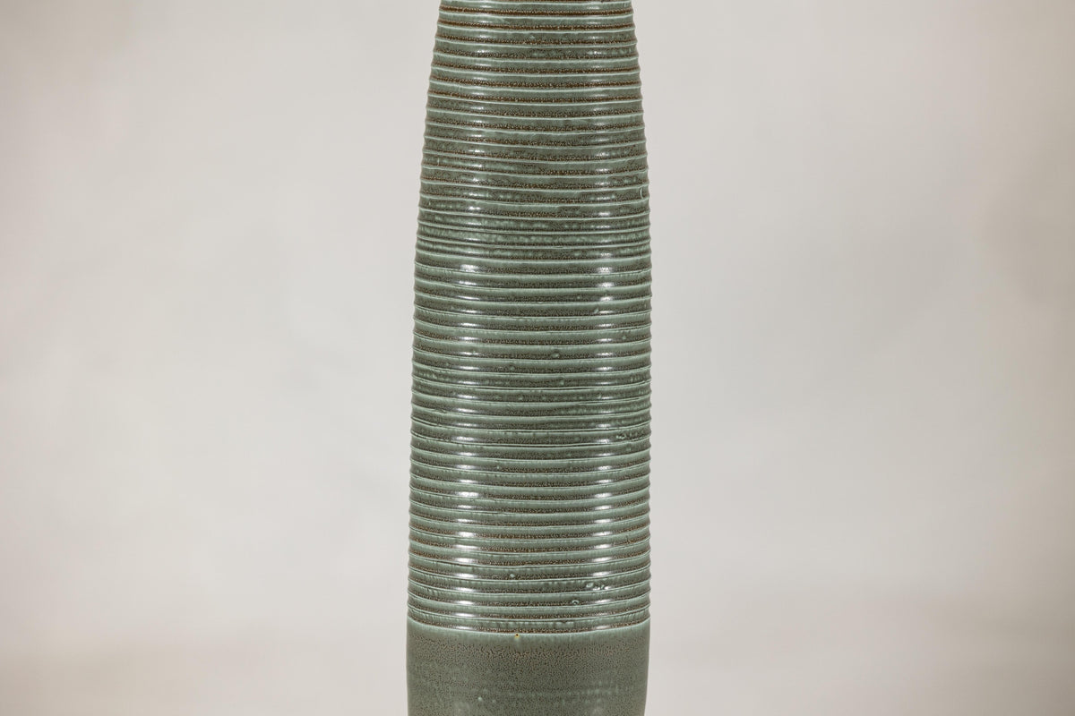 Tall Green-Glazed Artisan Ceramic Vase with Ribbed Body, reverse view