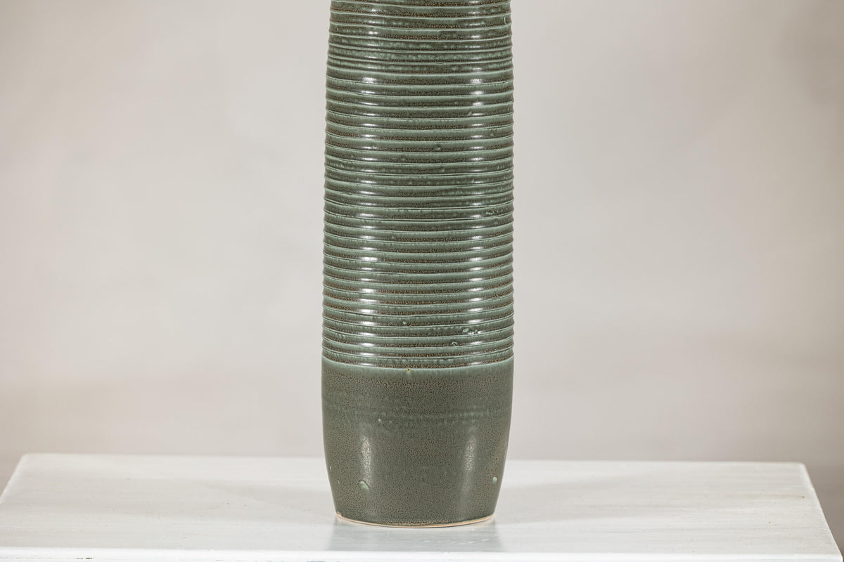 Tall Green-Glazed Artisan Ceramic Vase with Ribbed Body, close-up detail