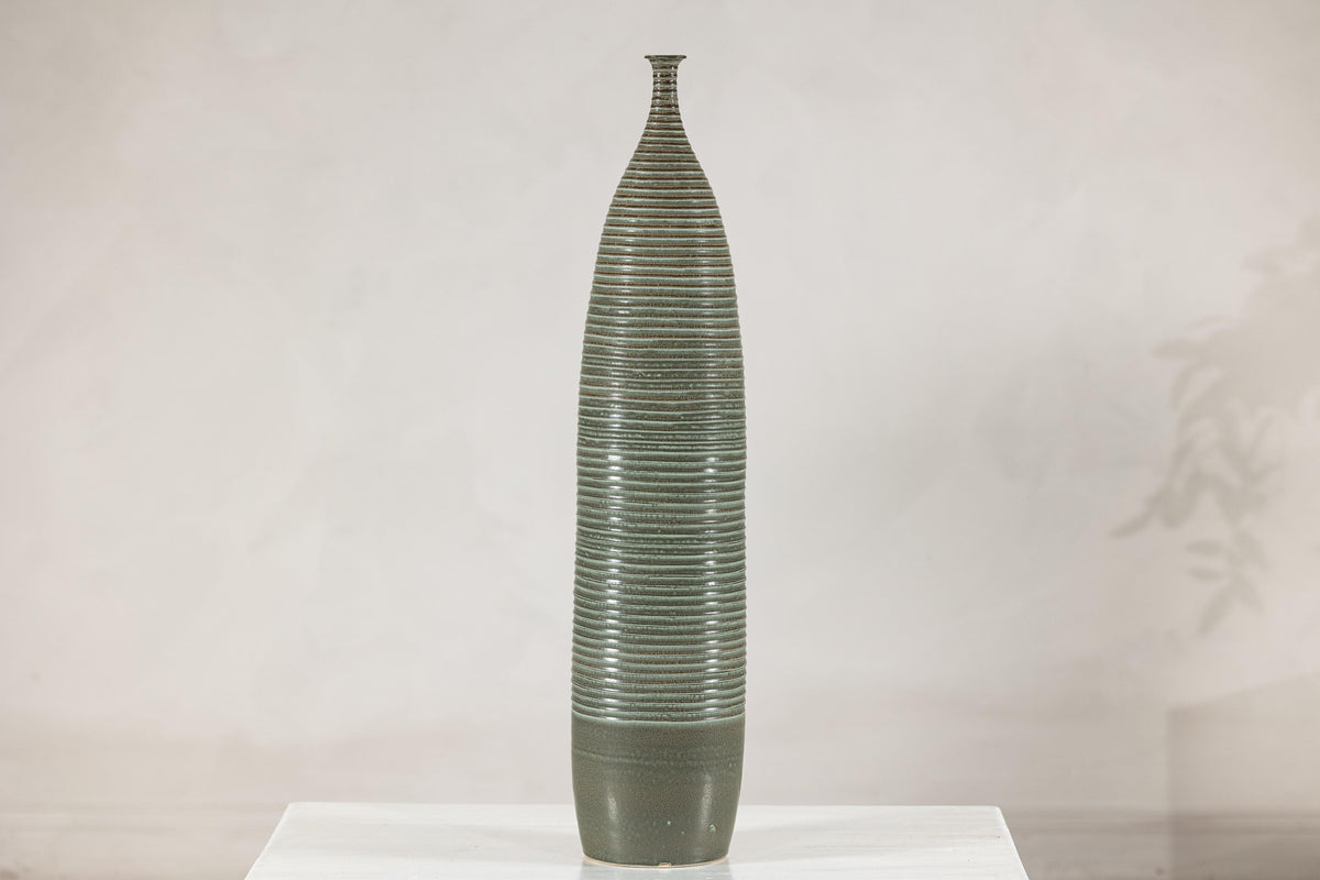 Tall Green-Glazed Artisan Ceramic Vase with Ribbed Body, base detail