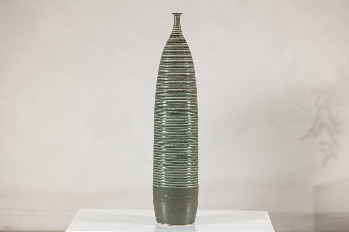 Tall Green-Glazed Artisan Ceramic Vase with Ribbed Body, top detail