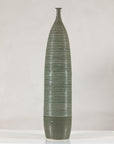 Tall Green-Glazed Artisan Ceramic Vase with Ribbed Body, top detail
