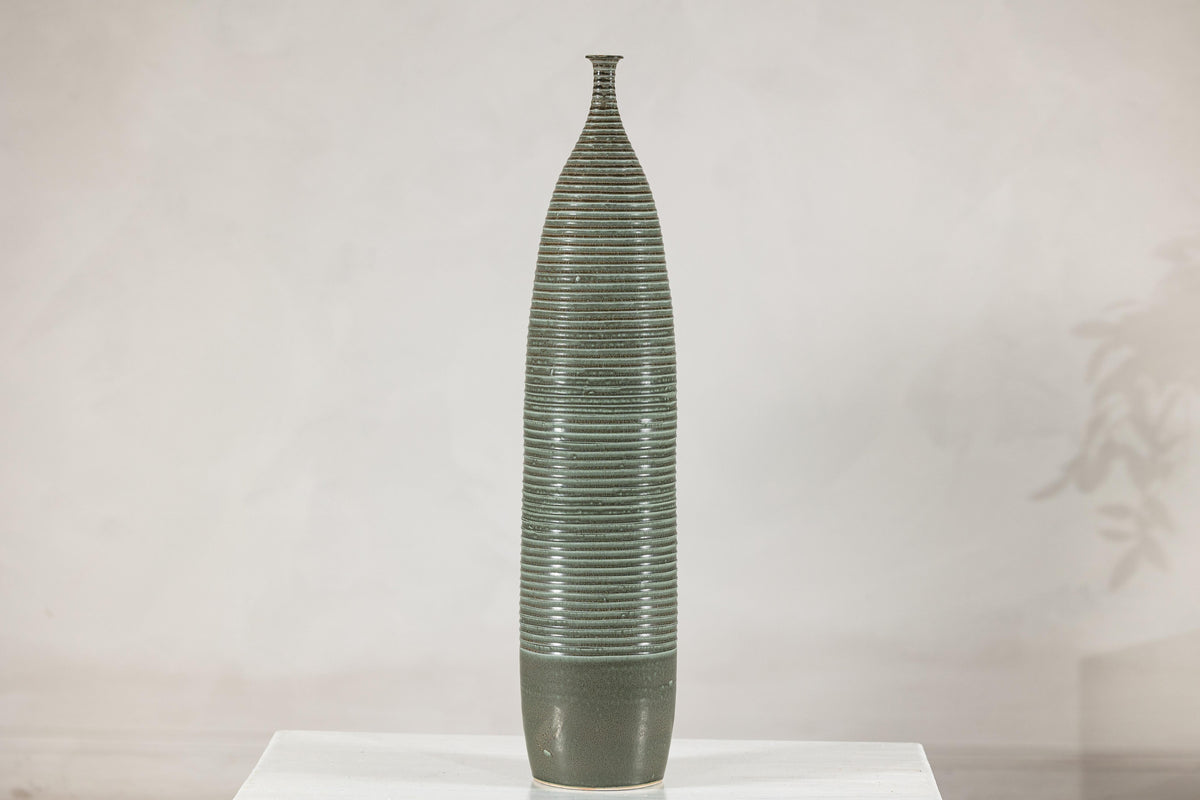 Tall Green-Glazed Artisan Ceramic Vase with Ribbed Body, additional gallery view 11