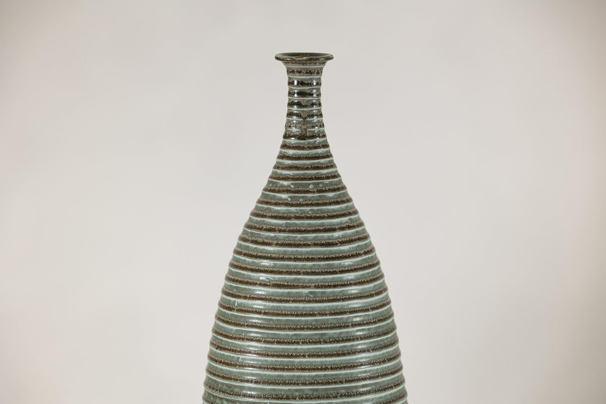 Tall Green-Glazed Artisan Ceramic Vase with Ribbed Body, additional gallery view 12