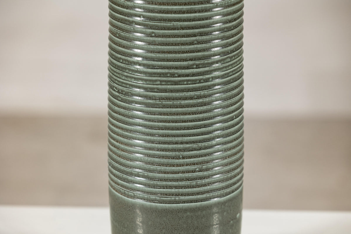 Tall Green-Glazed Artisan Ceramic Vase with Ribbed Body, additional gallery view 14