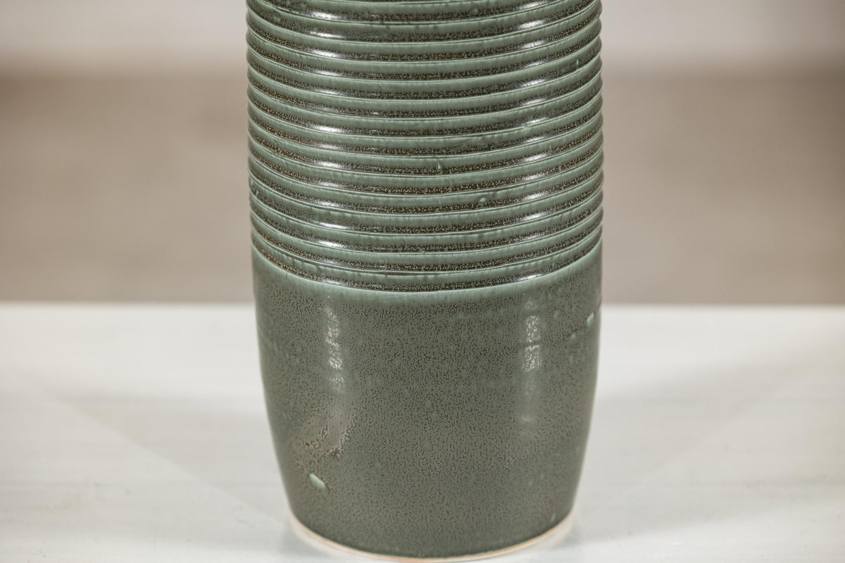 Tall Green-Glazed Artisan Ceramic Vase with Ribbed Body, additional gallery view 15