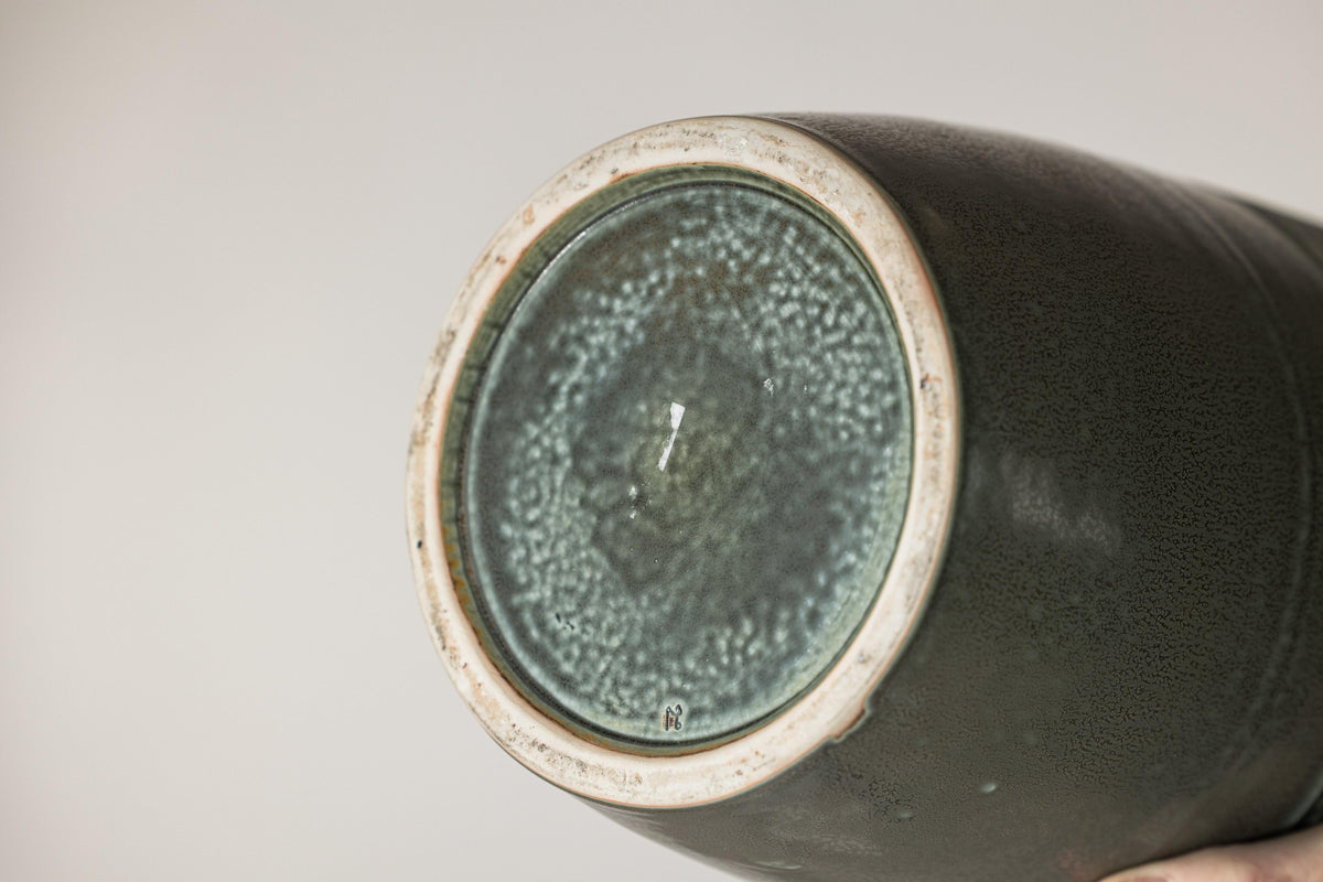 Tall Green-Glazed Artisan Ceramic Vase with Ribbed Body, additional gallery view 16