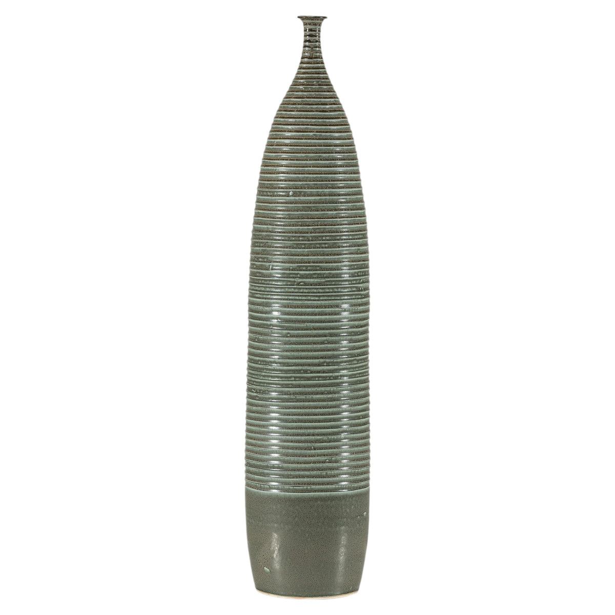 Green glazed ceramic vase with a tall cylindrical ribbed body.