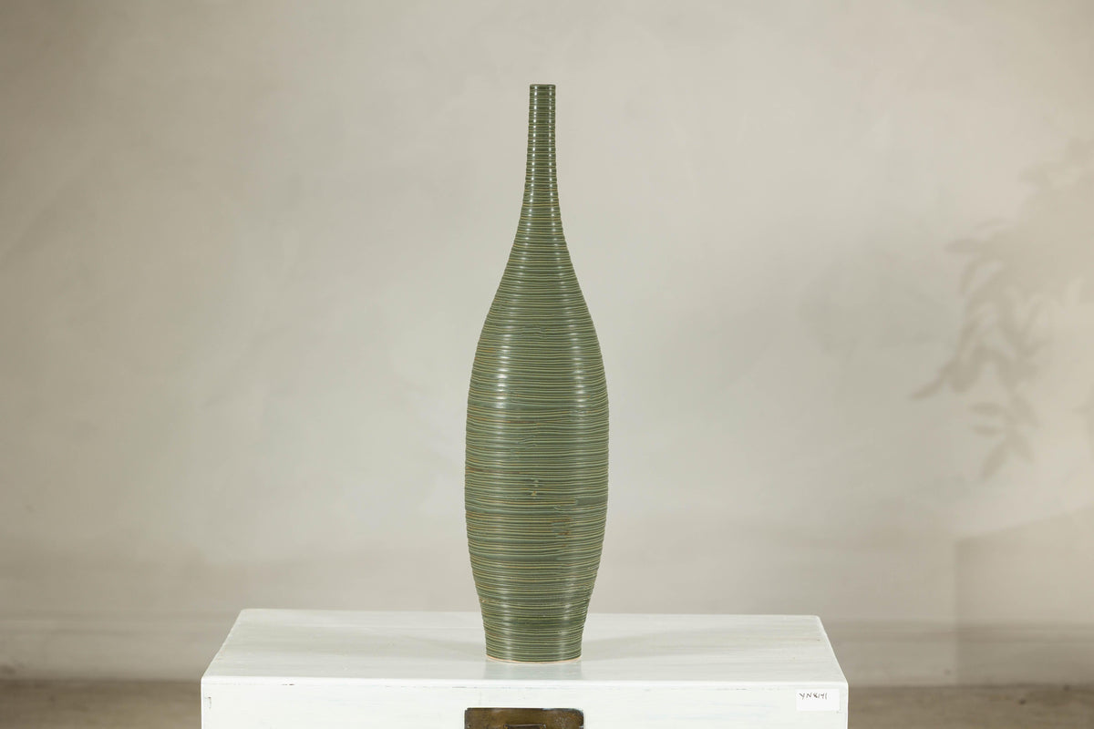 Tall Ribbed Green-Glazed Artisan Ceramic Vase, construction detail
