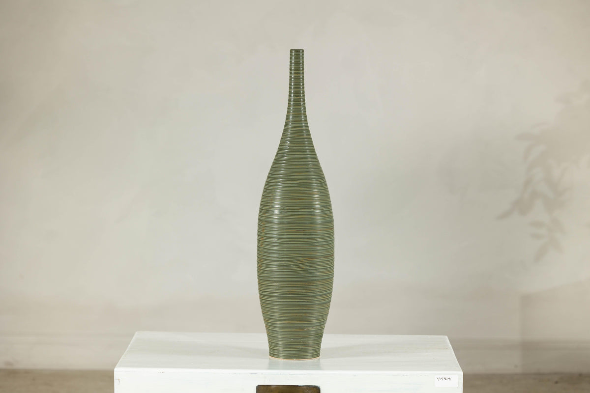 Tall Ribbed Green-Glazed Artisan Ceramic Vase, reverse view