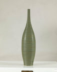 Tall Ribbed Green-Glazed Artisan Ceramic Vase, reverse view