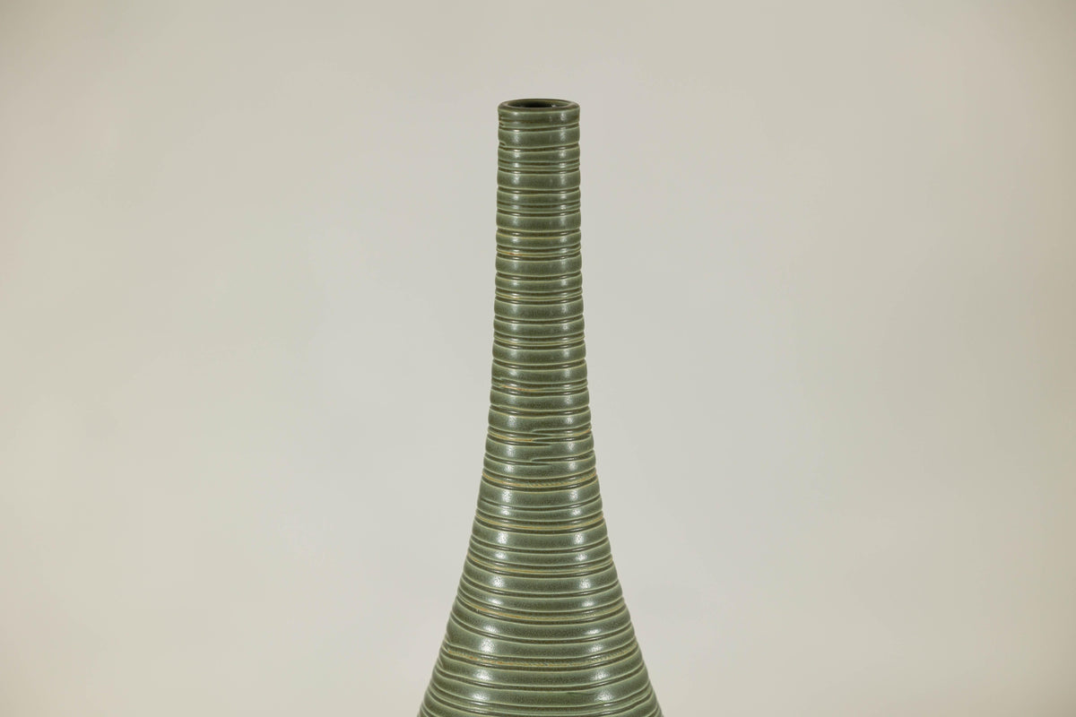 Tall Ribbed Green-Glazed Artisan Ceramic Vase, close-up detail