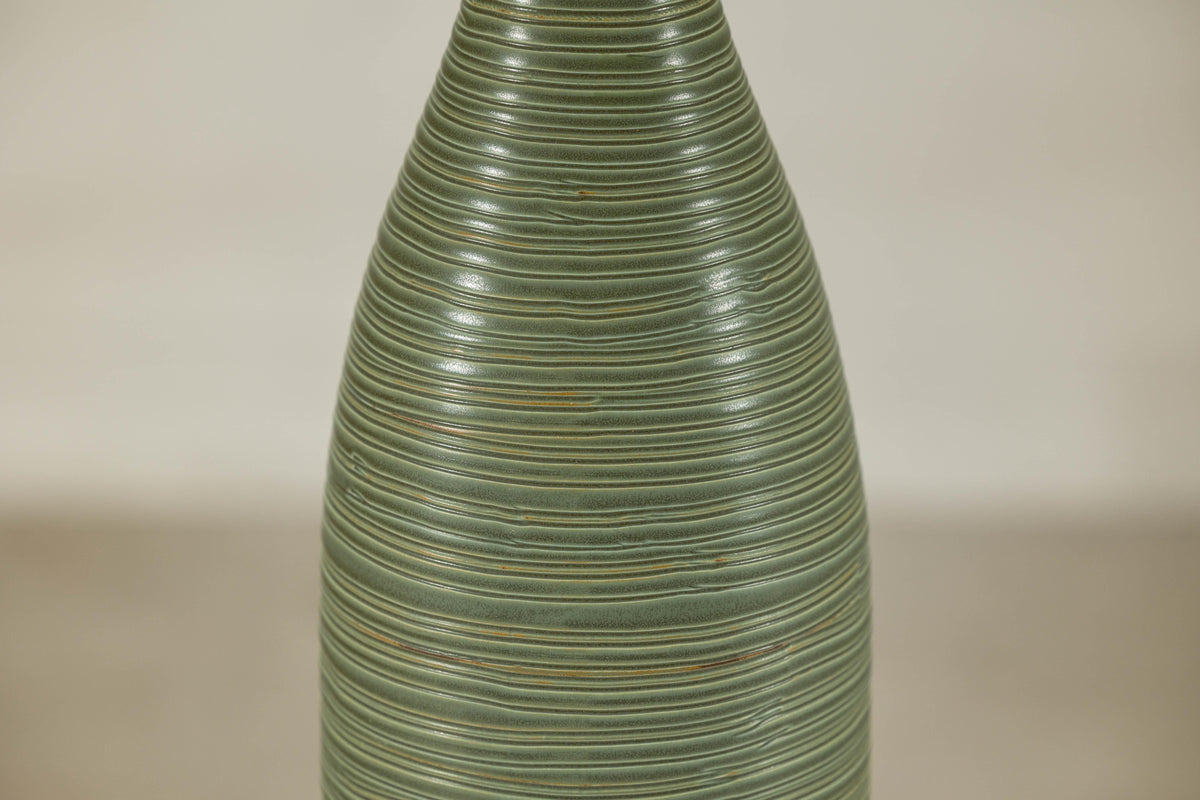 Tall Ribbed Green-Glazed Artisan Ceramic Vase, base detail