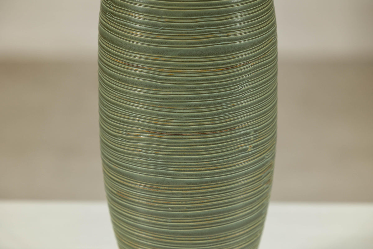 Tall Ribbed Green-Glazed Artisan Ceramic Vase, top detail