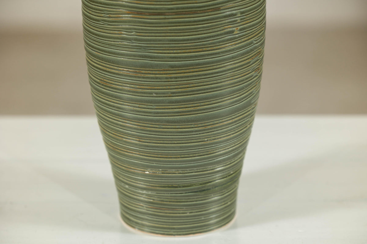 Tall Ribbed Green-Glazed Artisan Ceramic Vase, additional gallery view 11