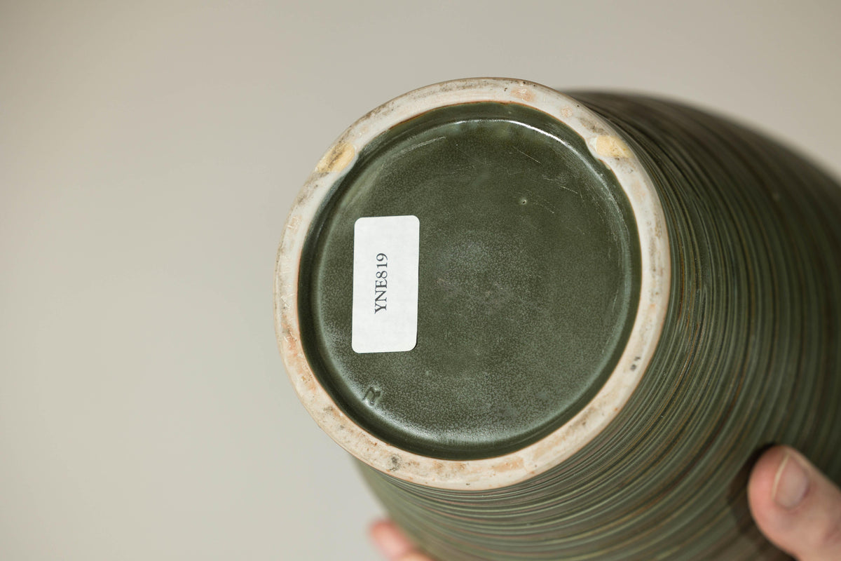 Tall Ribbed Green-Glazed Artisan Ceramic Vase, additional gallery view 12