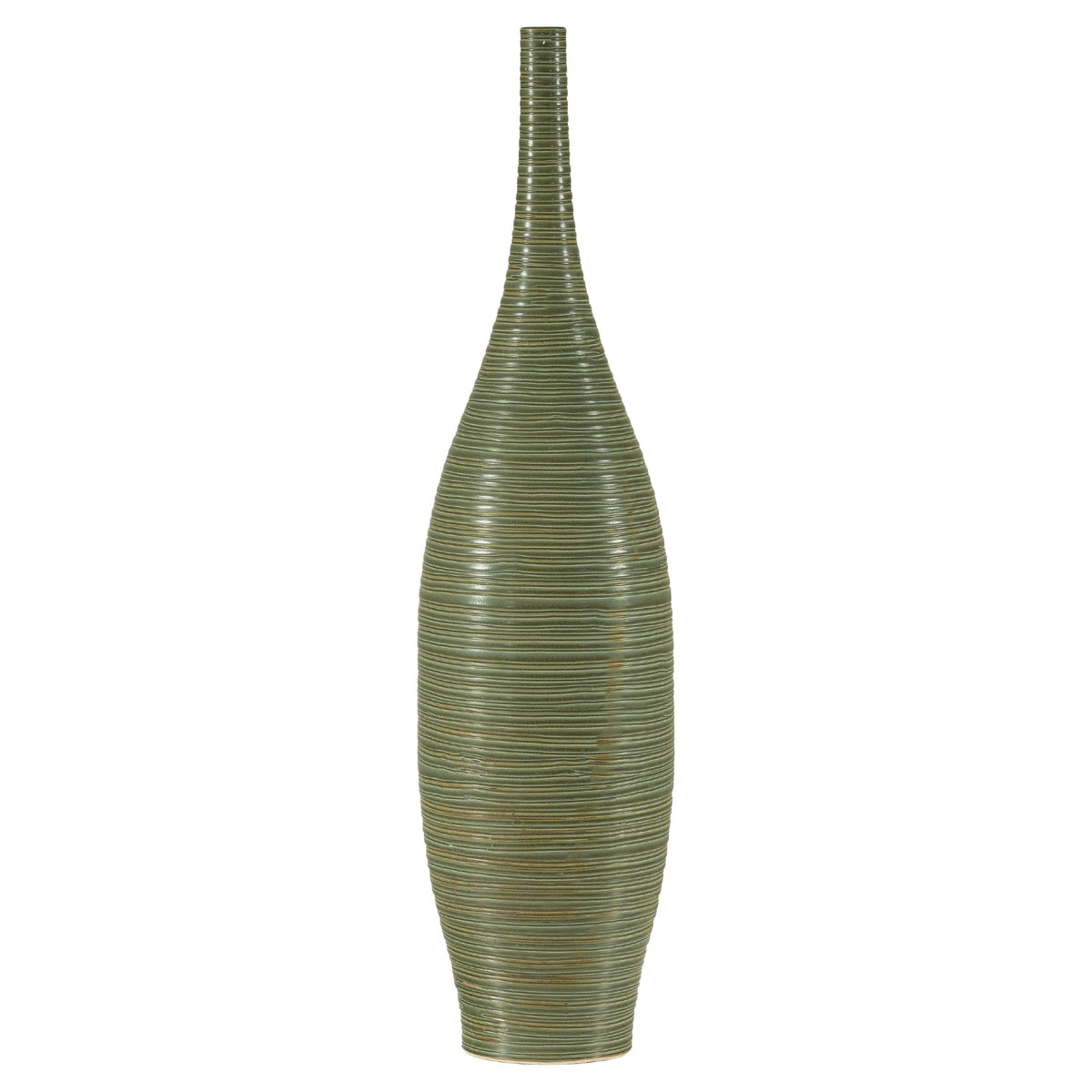 Olive-green ceramic vase with ribbed body and slender neck.