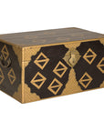 Black lacquered vintage Chinese chest with gold geometric pattern, metal handles, and front latch, close-up view.
