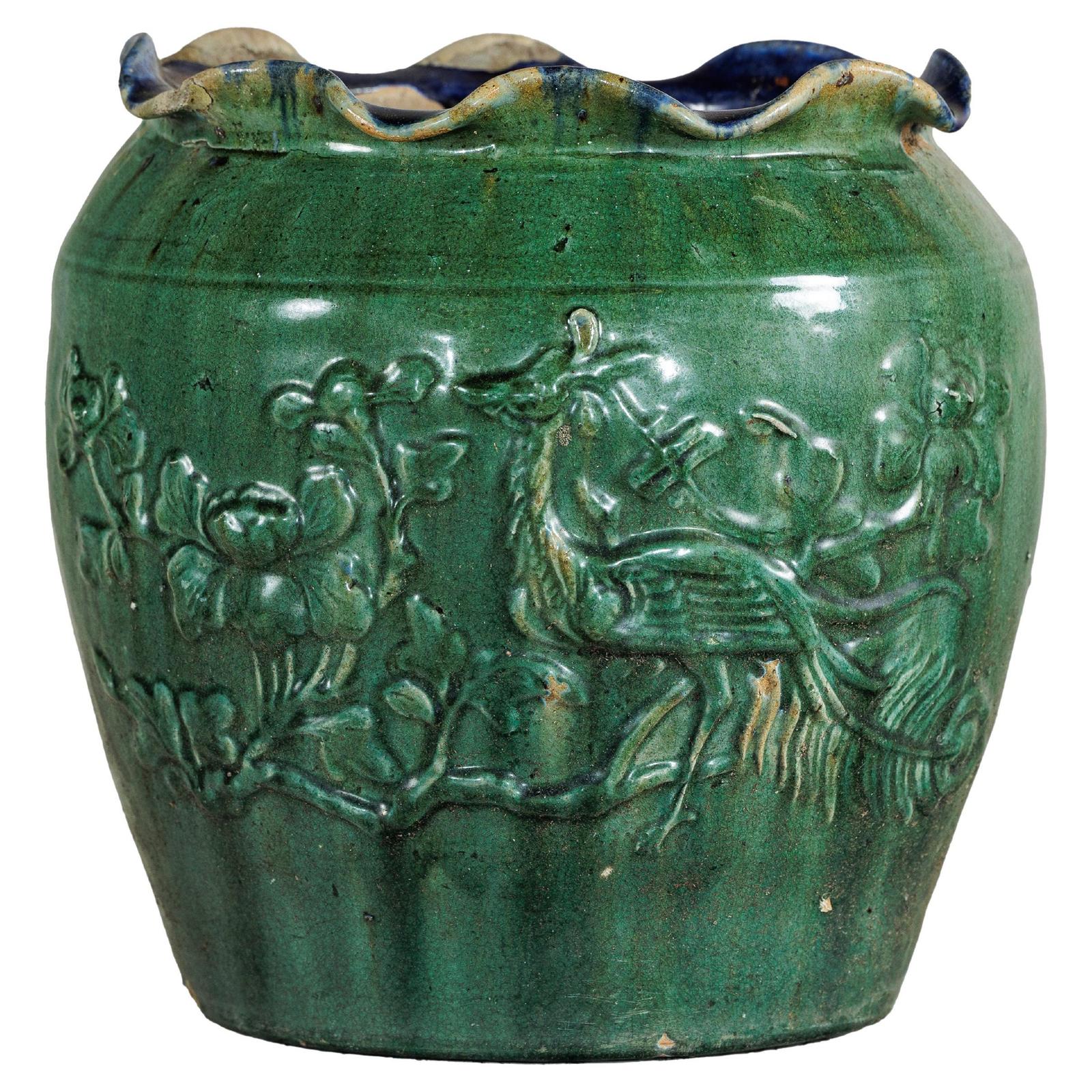 Antique Annamese Green-Glazed Planter with Scalloped Rim and Phoenix Motif-1. Asian & Chinese Furniture, Art, Antiques, Vintage Home Décor for sale at FEA Home