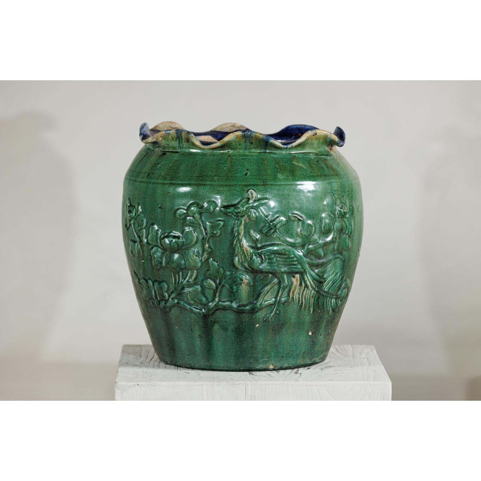Antique Annamese Green-Glazed Planter with Scalloped Rim and Phoenix Motif-3. Asian &amp; Chinese Furniture, Art, Antiques, Vintage Home Décor for sale at FEA Home