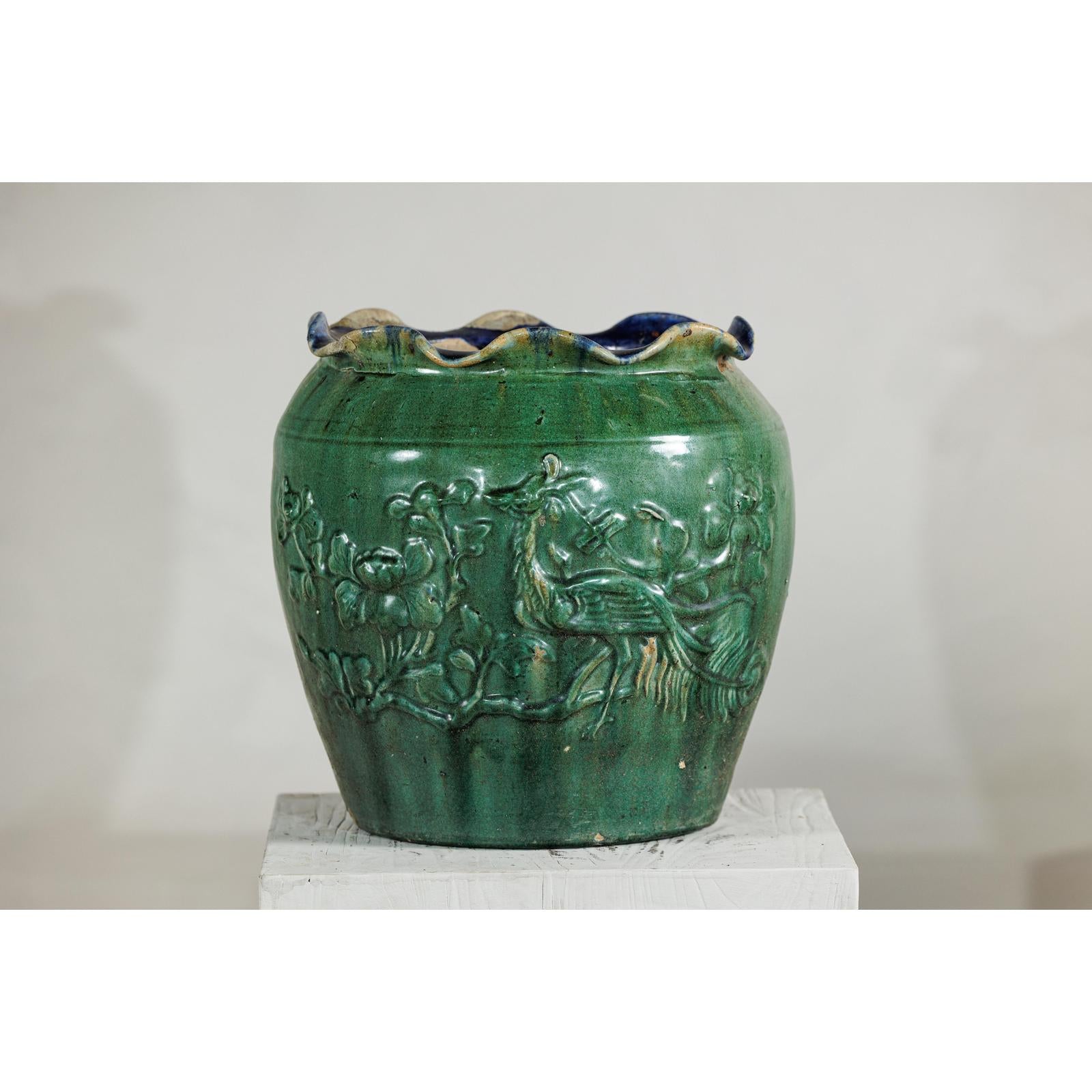 Antique Annamese Green-Glazed Planter with Scalloped Rim and Phoenix Motif-4. Asian &amp; Chinese Furniture, Art, Antiques, Vintage Home Décor for sale at FEA Home