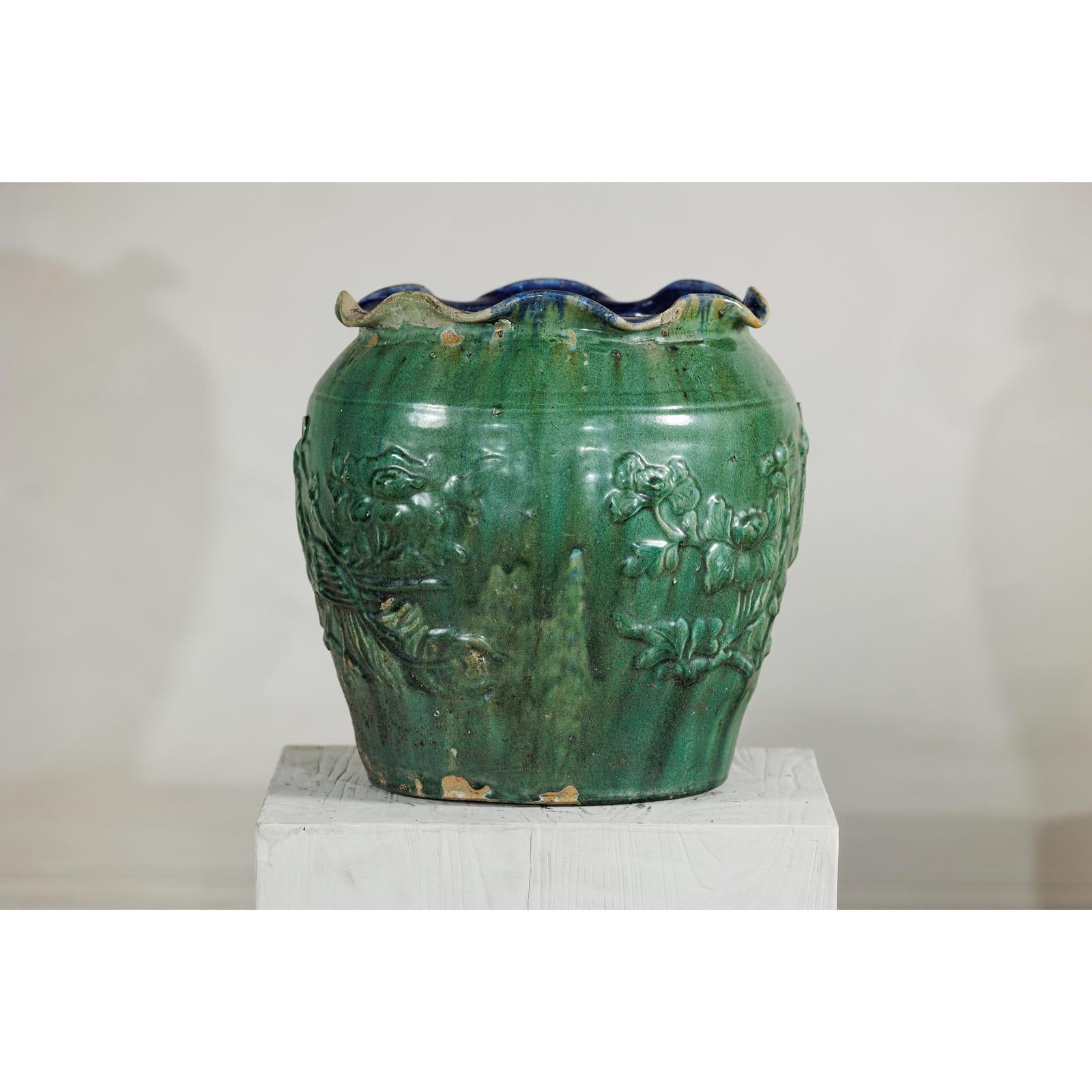 Antique Annamese Green-Glazed Planter with Scalloped Rim and Phoenix Motif-9. Asian &amp; Chinese Furniture, Art, Antiques, Vintage Home Décor for sale at FEA Home