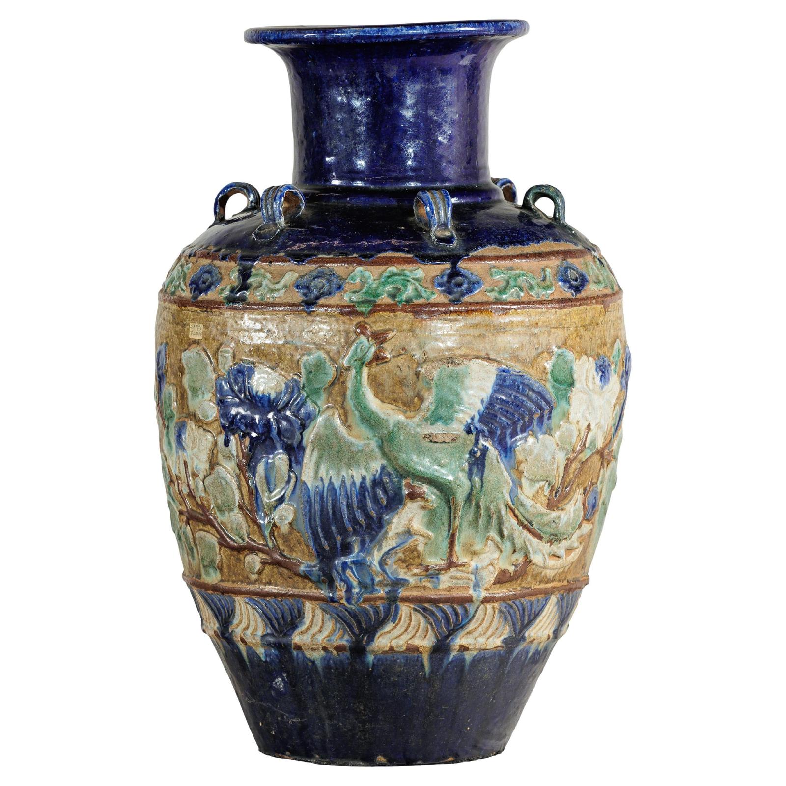 Antique Annamese Water Jar with Phoenix &amp; Floral Decor - image 1