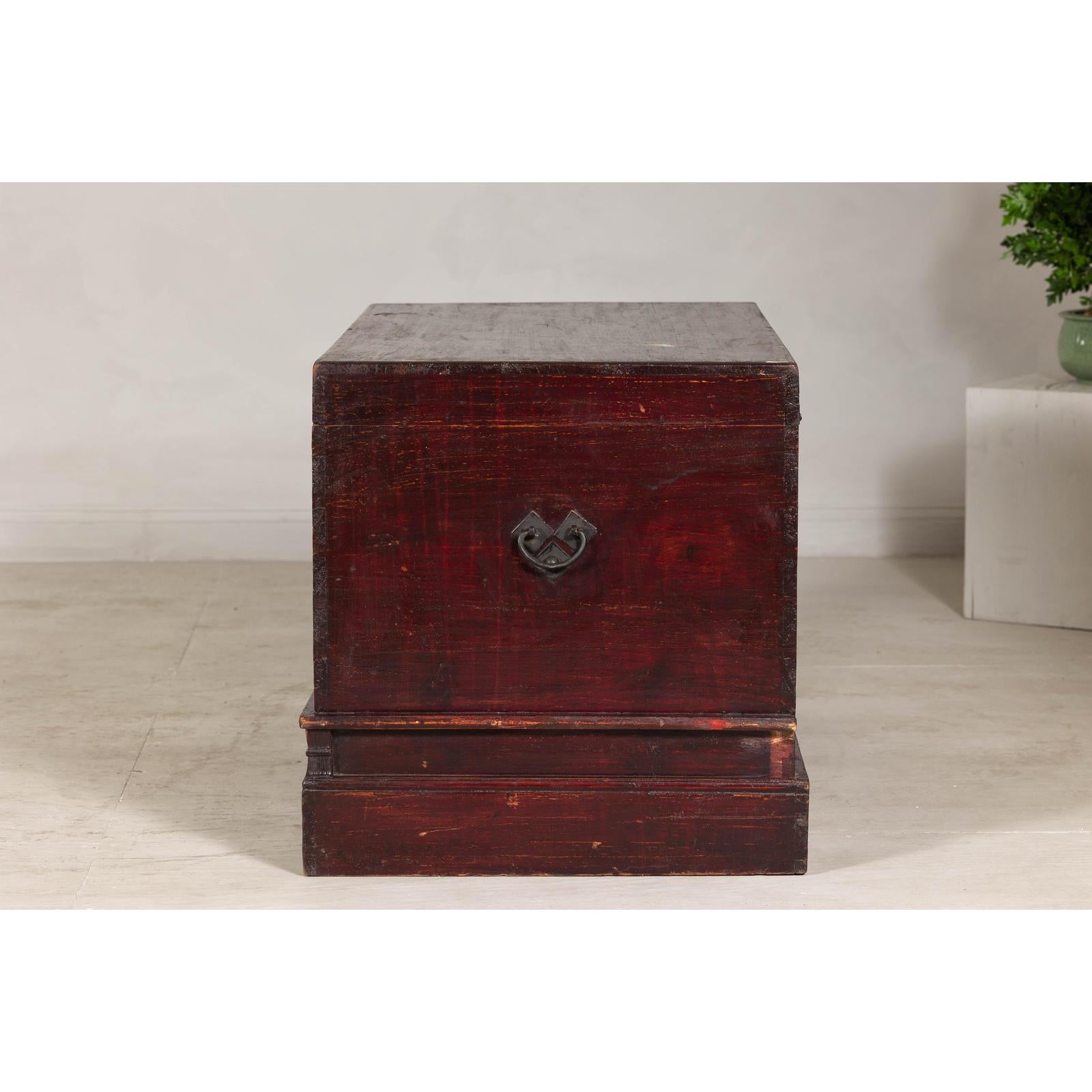 Antique Blanket Chest with Reddish-Brown Lacquer Finish