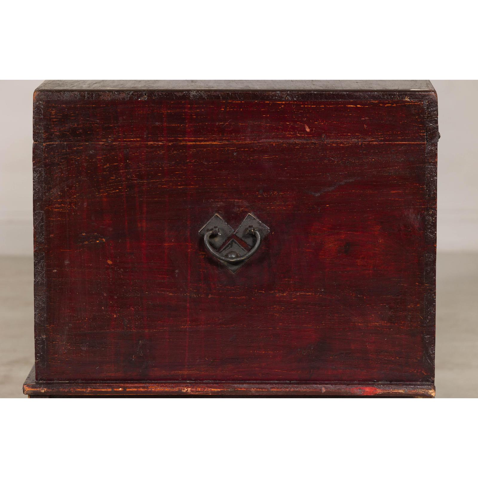 Antique Blanket Chest with Reddish-Brown Lacquer Finish