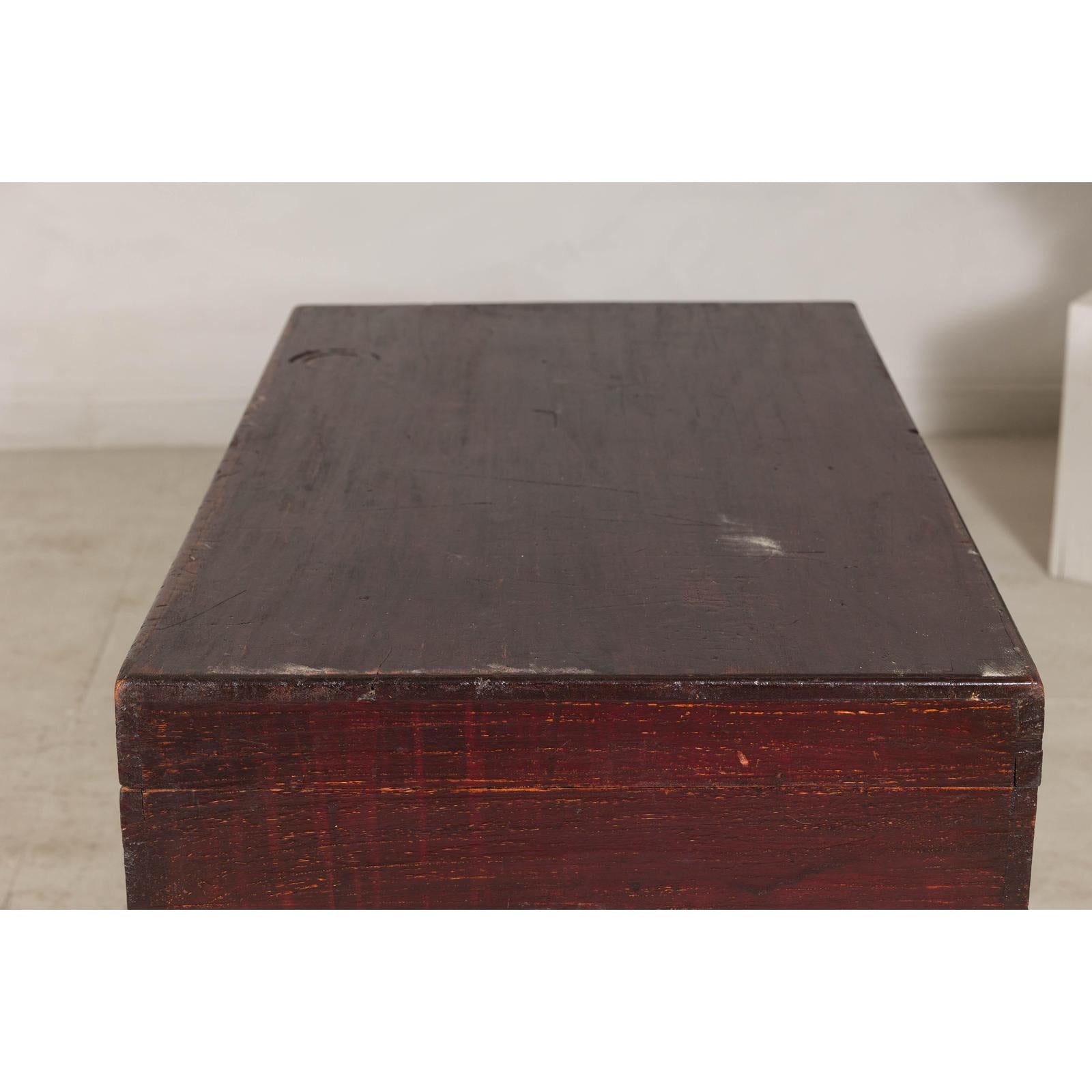Antique Blanket Chest with Reddish-Brown Lacquer Finish