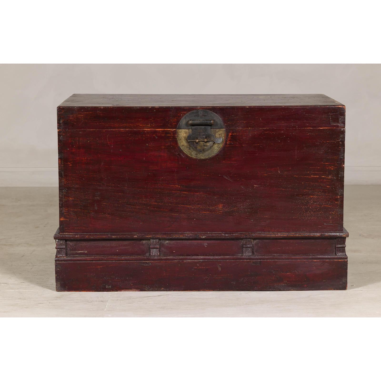 Antique Blanket Chest with Reddish-Brown Lacquer Finish