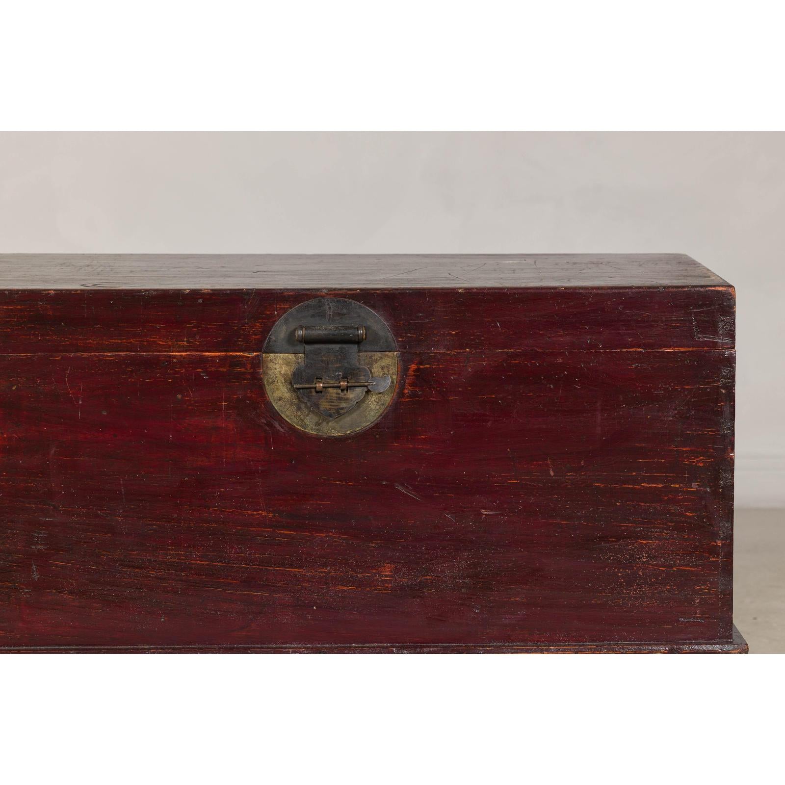 Antique Blanket Chest with Reddish-Brown Lacquer Finish