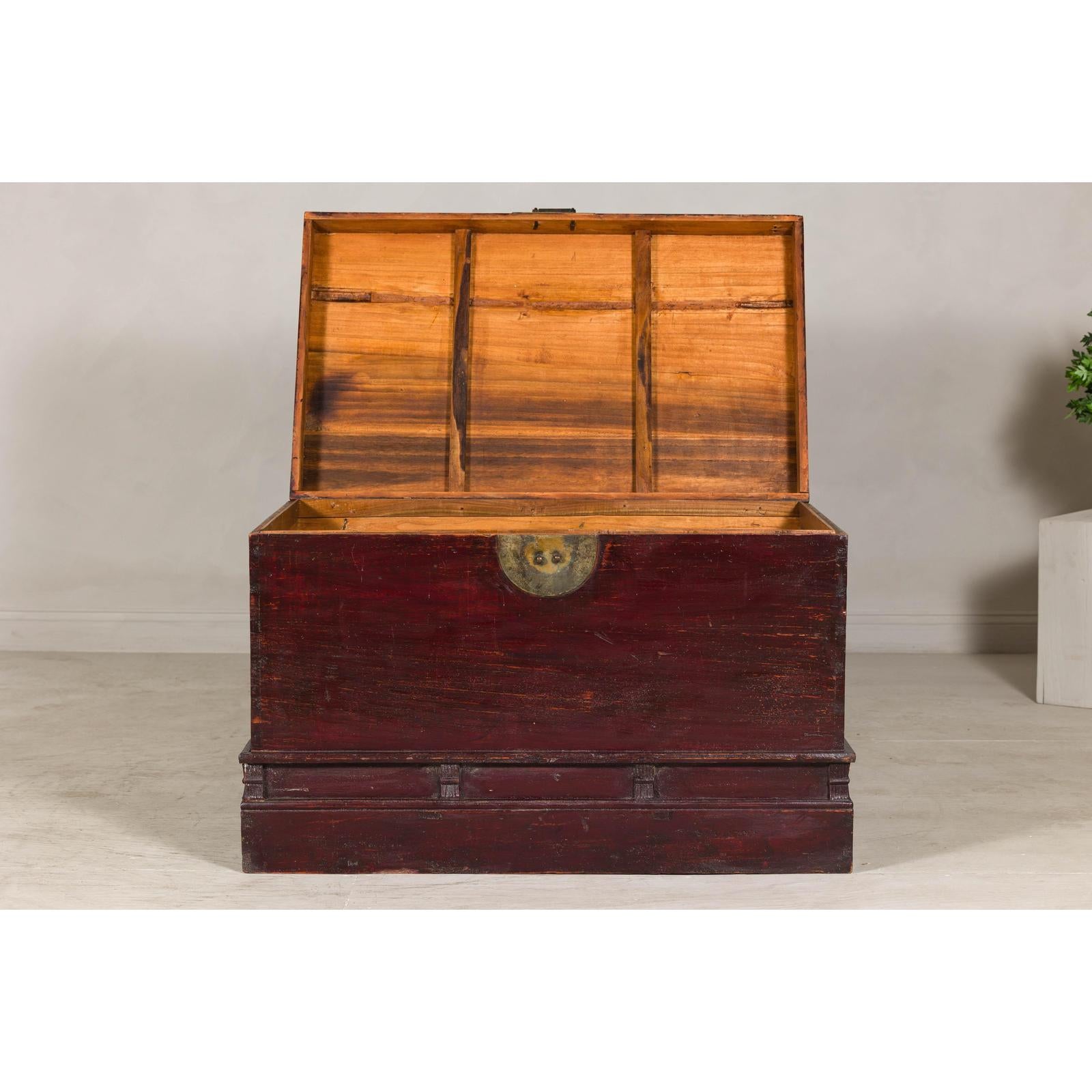 Antique Blanket Chest with Reddish-Brown Lacquer Finish