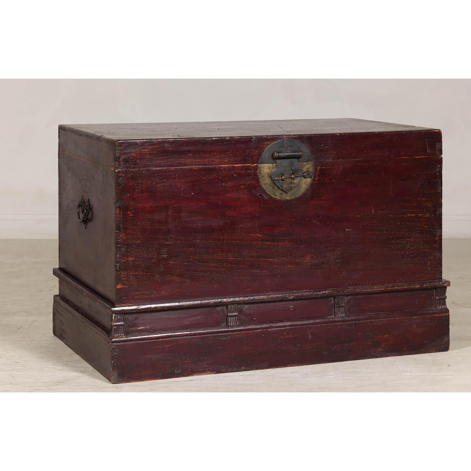 Antique Blanket Chest with Reddish-Brown Lacquer Finish