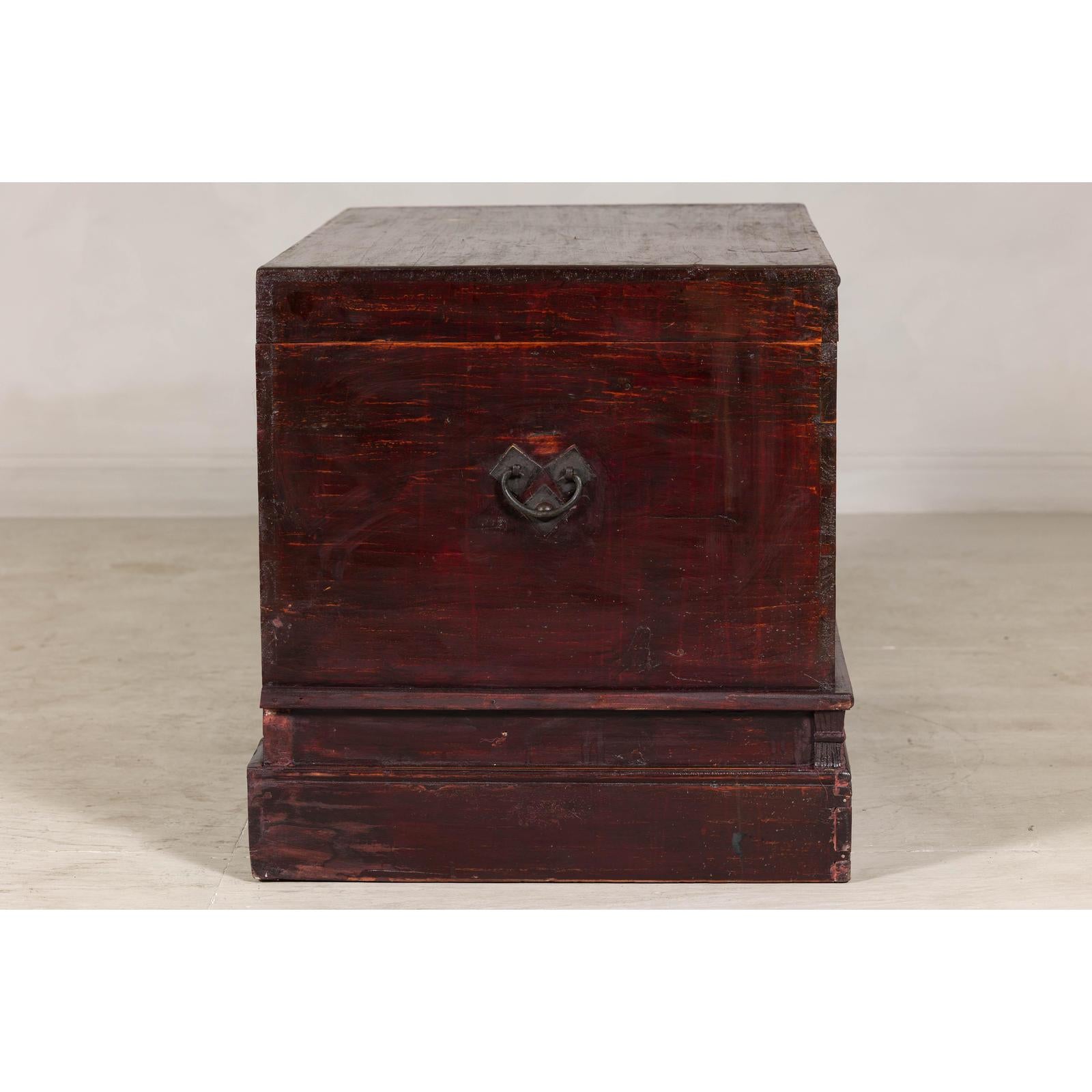 Antique Blanket Chest with Reddish-Brown Lacquer Finish