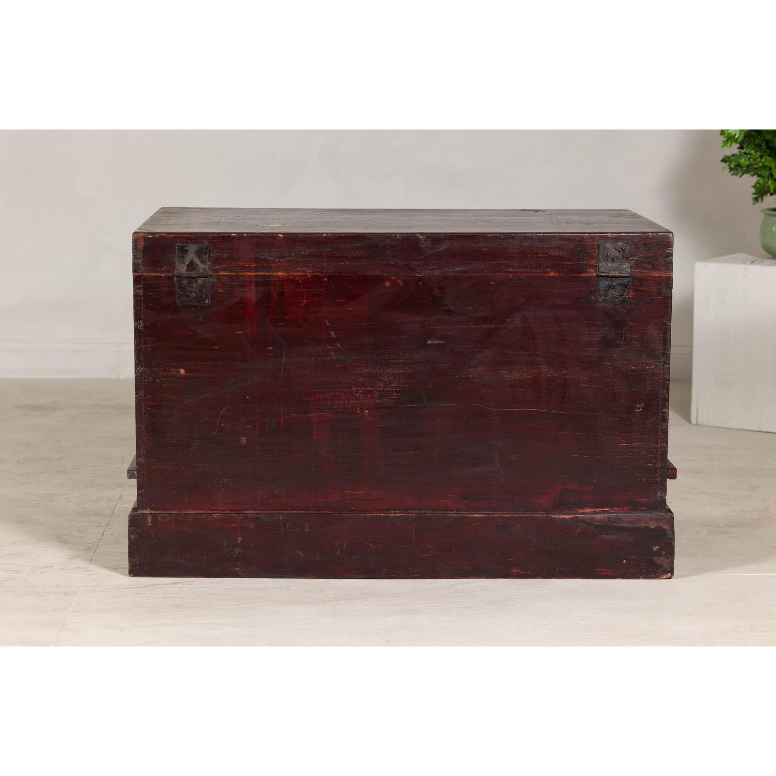 Antique Blanket Chest with Reddish-Brown Lacquer Finish