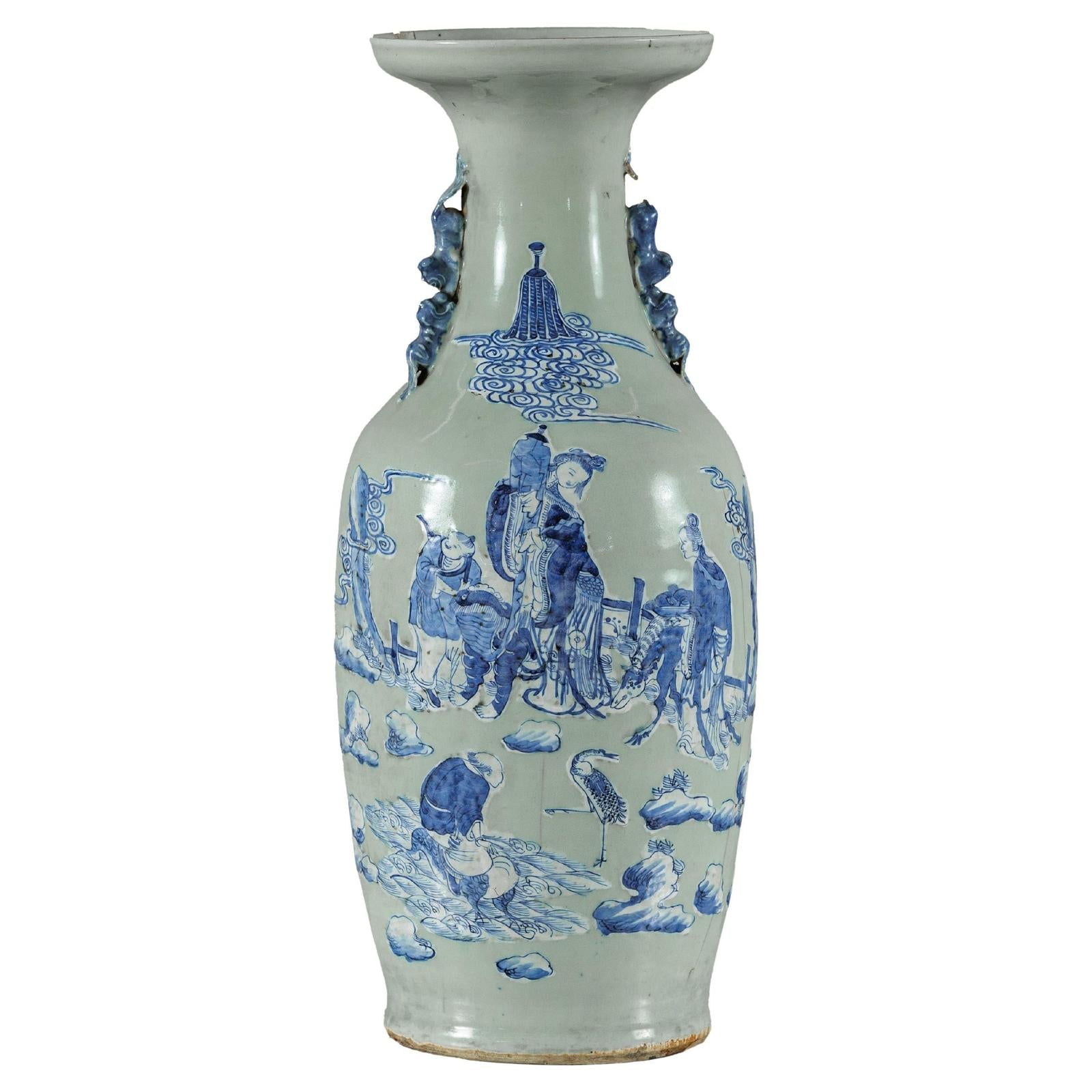 Antique Blue and White Vase with Soft Green Ground and Figural Scene-1. Asian & Chinese Furniture, Art, Antiques, Vintage Home Décor for sale at FEA Home