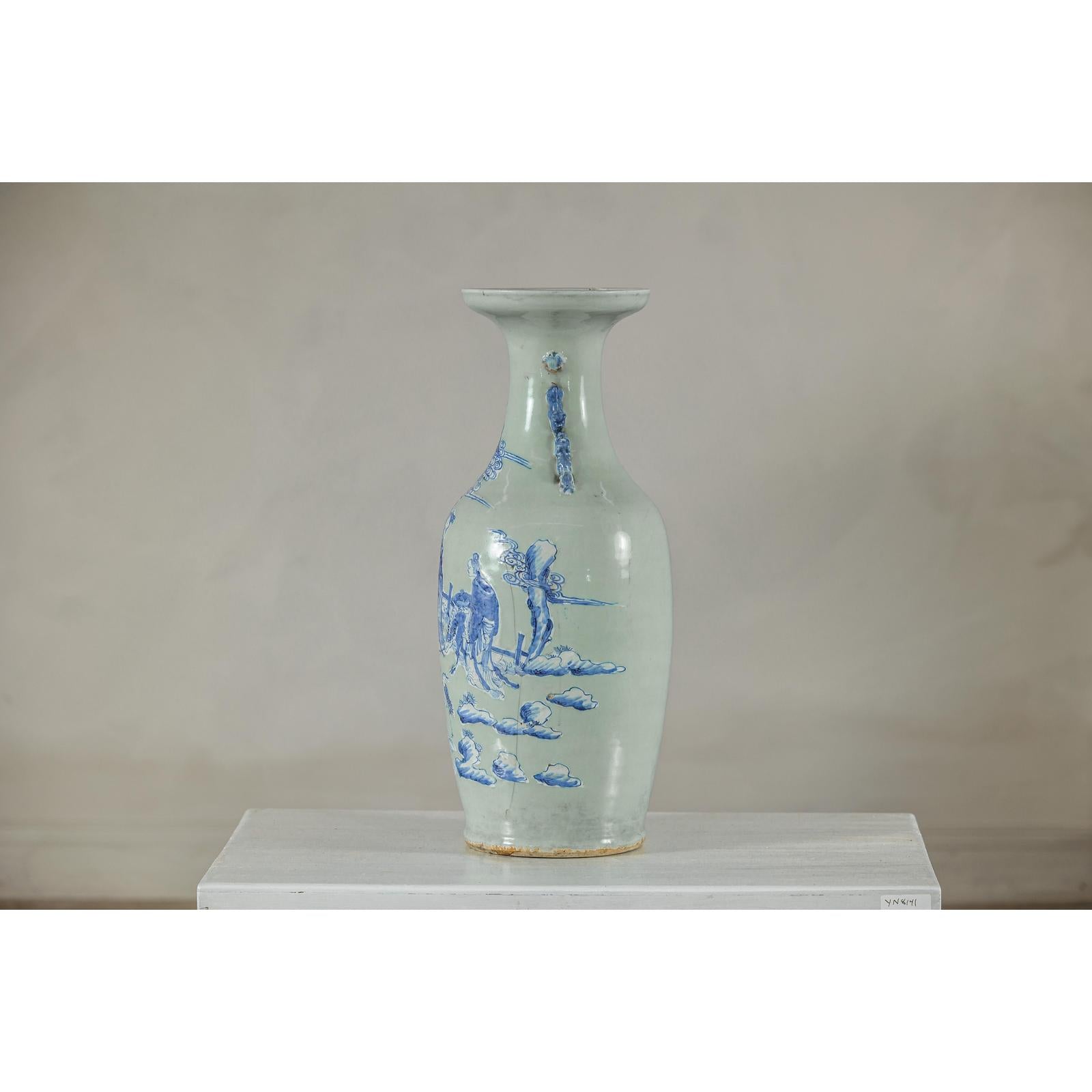 Antique Blue and White Vase with Soft Green Ground and Figural Scene-10. Asian &amp; Chinese Furniture, Art, Antiques, Vintage Home Décor for sale at FEA Home