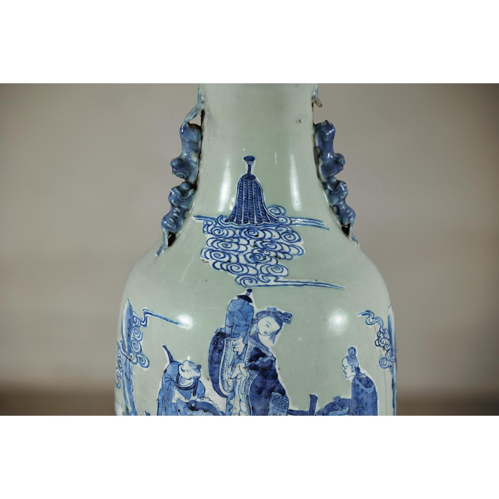 Antique Blue and White Vase with Soft Green Ground and Figural Scene-12. Asian &amp; Chinese Furniture, Art, Antiques, Vintage Home Décor for sale at FEA Home