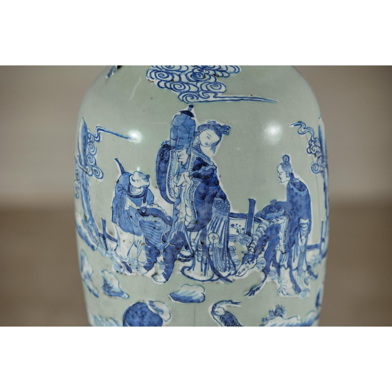 Antique Blue and White Vase with Soft Green Ground and Figural Scene-13. Asian &amp; Chinese Furniture, Art, Antiques, Vintage Home Décor for sale at FEA Home
