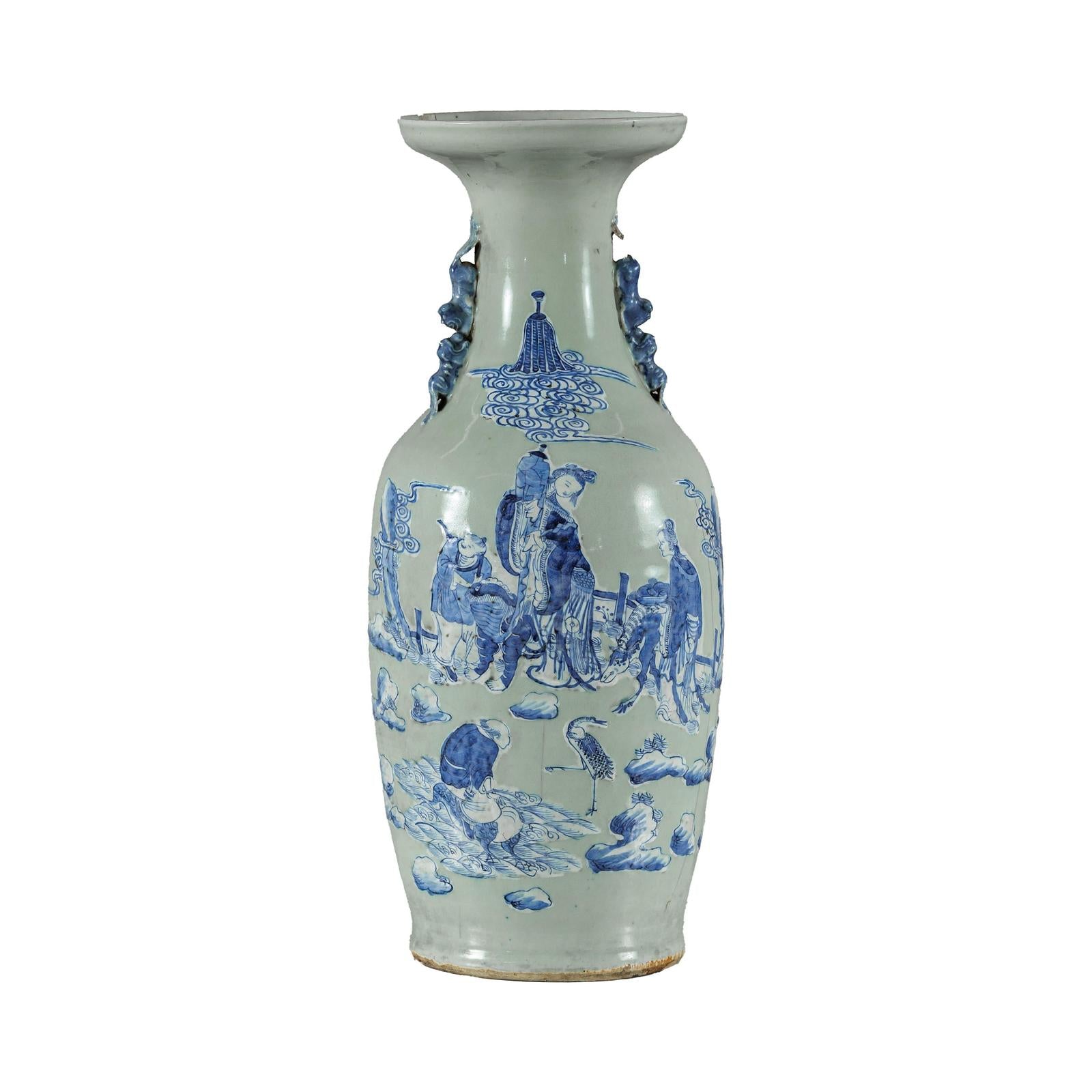 Antique Blue and White Vase with Soft Green Ground and Figural Scene-19. Asian &amp; Chinese Furniture, Art, Antiques, Vintage Home Décor for sale at FEA Home