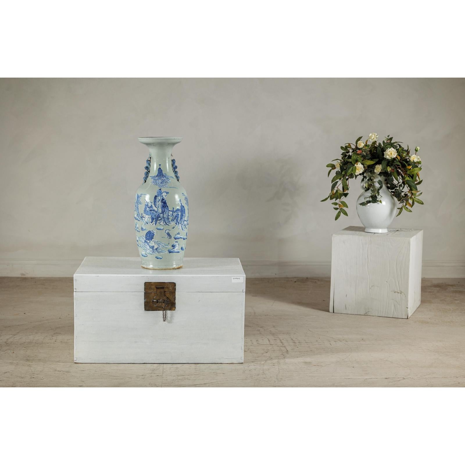 Antique Blue and White Vase with Soft Green Ground and Figural Scene-2. Asian & Chinese Furniture, Art, Antiques, Vintage Home Décor for sale at FEA Home