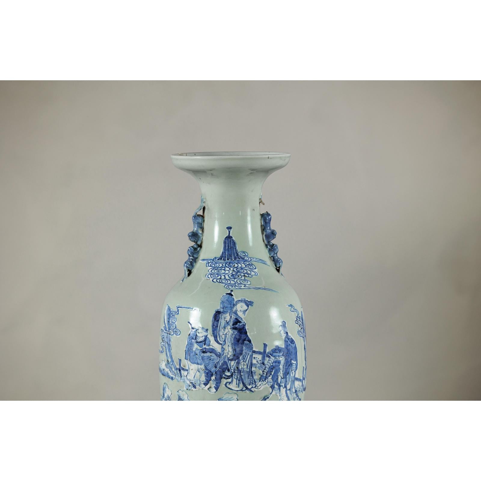 Antique Blue and White Vase with Soft Green Ground and Figural Scene-3. Asian &amp; Chinese Furniture, Art, Antiques, Vintage Home Décor for sale at FEA Home