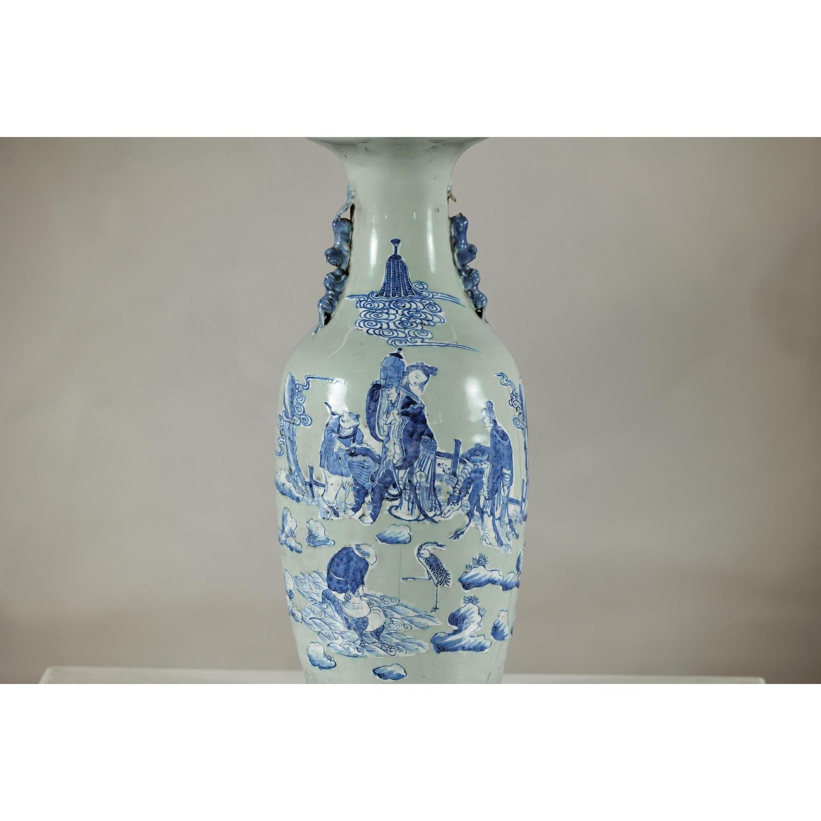 Antique Blue and White Vase with Soft Green Ground and Figural Scene-4. Asian &amp; Chinese Furniture, Art, Antiques, Vintage Home Décor for sale at FEA Home