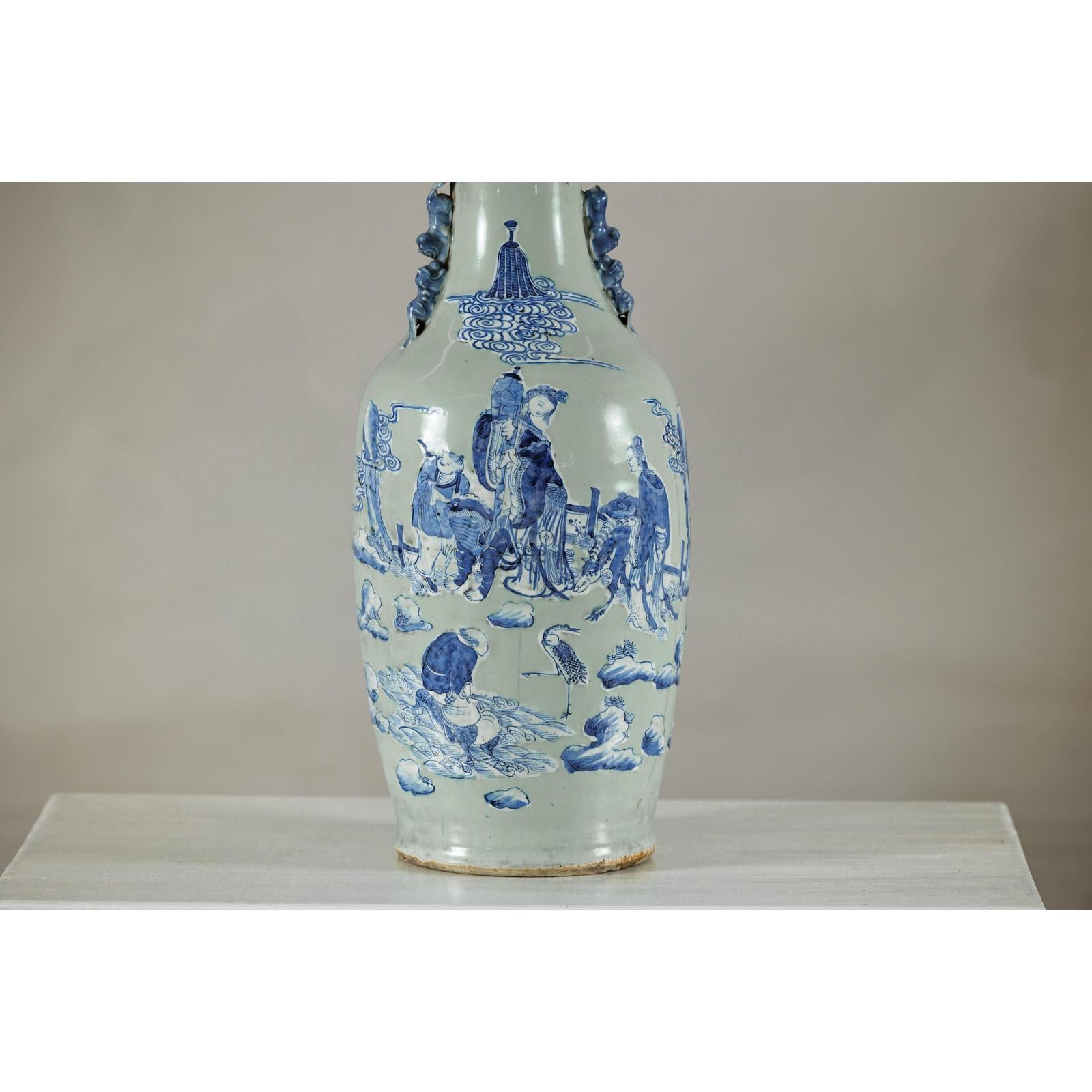 Antique Blue and White Vase with Soft Green Ground and Figural Scene-5. Asian &amp; Chinese Furniture, Art, Antiques, Vintage Home Décor for sale at FEA Home