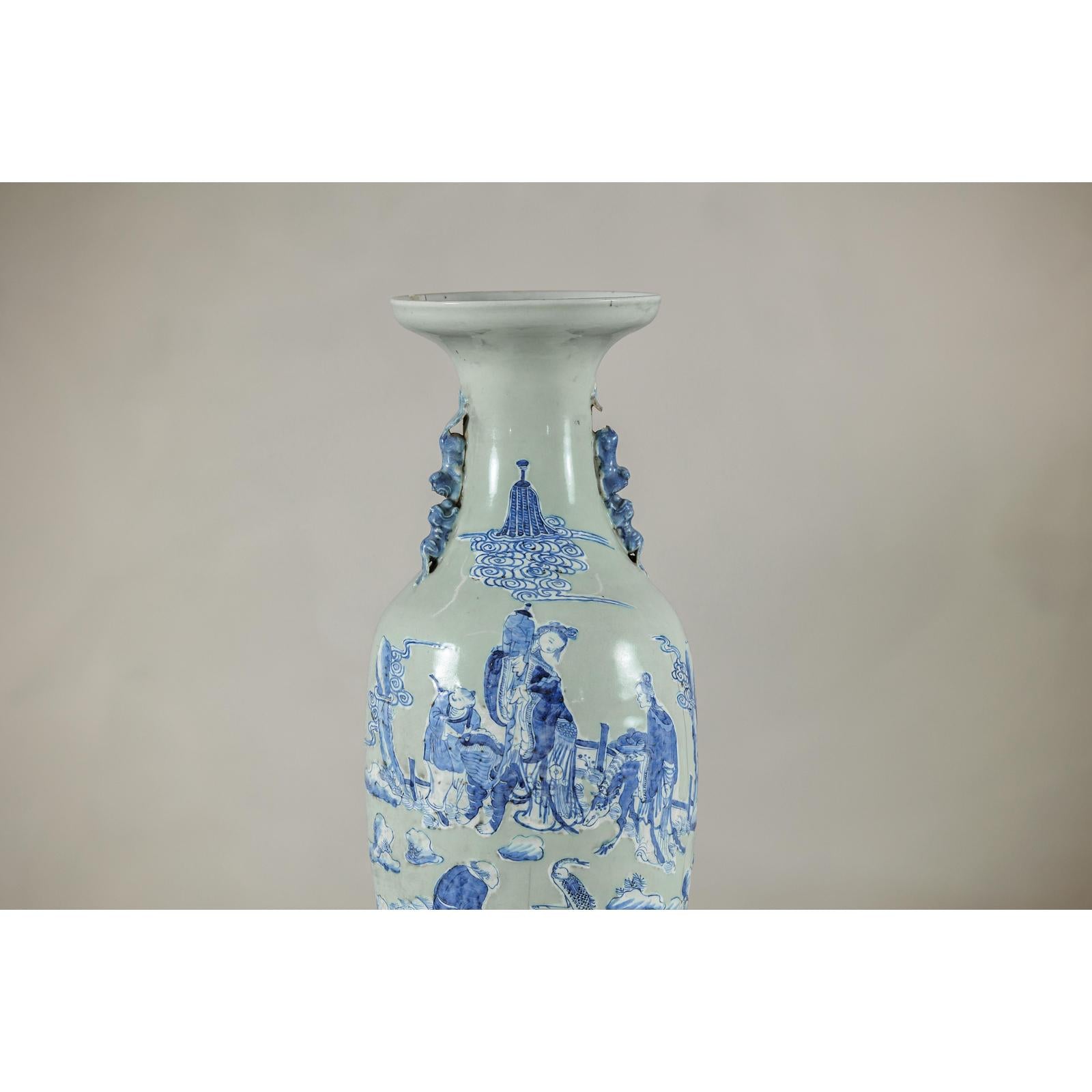 Antique Blue and White Vase with Soft Green Ground and Figural Scene-6. Asian &amp; Chinese Furniture, Art, Antiques, Vintage Home Décor for sale at FEA Home