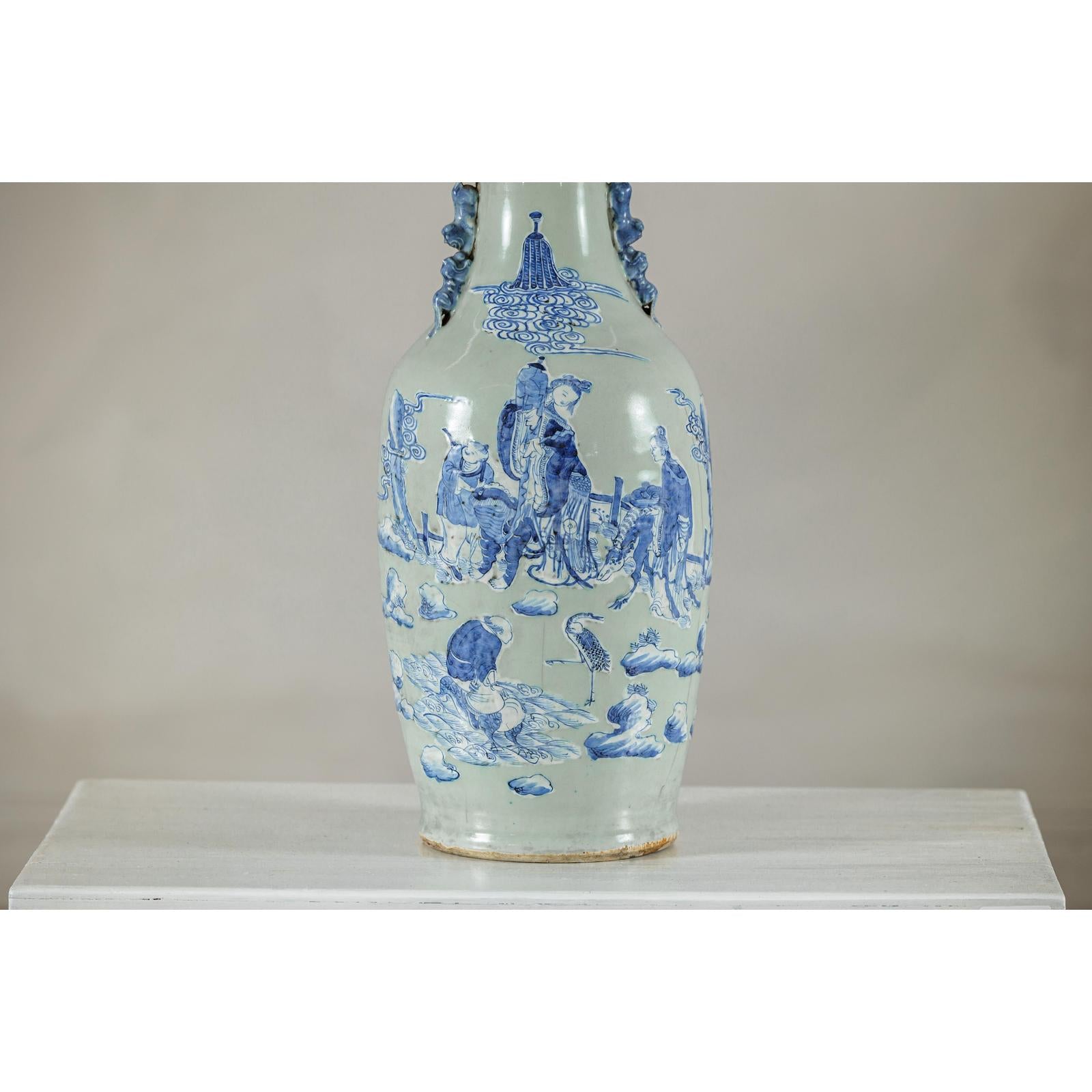 Antique Blue and White Vase with Soft Green Ground and Figural Scene-7. Asian &amp; Chinese Furniture, Art, Antiques, Vintage Home Décor for sale at FEA Home